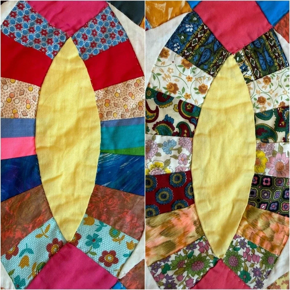 Vintage Handmade Colorful Floral Scrap Pink Double Wedding Ring Full Quilt 80x90